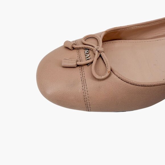 Prada Cap Toe Logo Ballet Pumps Heels Beige Leather Size 40 US 10 Block Heel